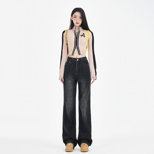 Retro extended wide-leg jeans for women new high-waisted loose slimming straight-leg drape floor-length pants