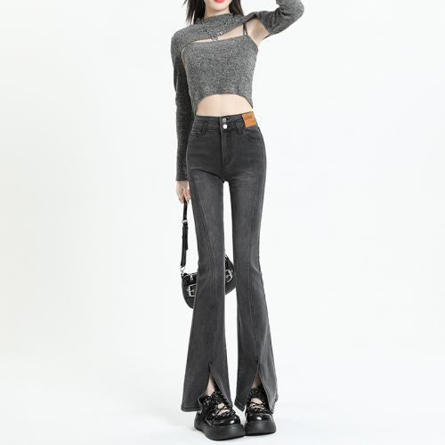 Slit high-waist double-button design slim denim bell-bottom pants gray & retro blue and black