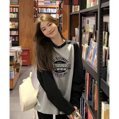 American retro cute printed long-sleeved T-shirt women's trendy loose unique fashion contrast raglan sleeve top