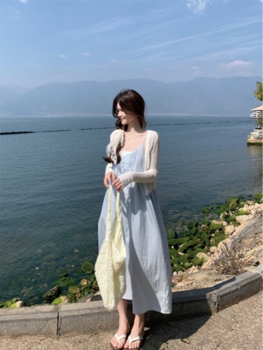 New Korean style sweet fairy solid color suspender dress slim and versatile mid-length skirt for women