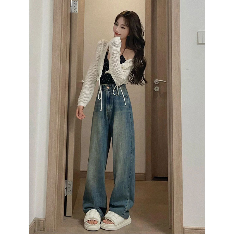 Retro blue straight jeans for women spring and autumn new large size fat mm high waist loose slimming wide leg pants