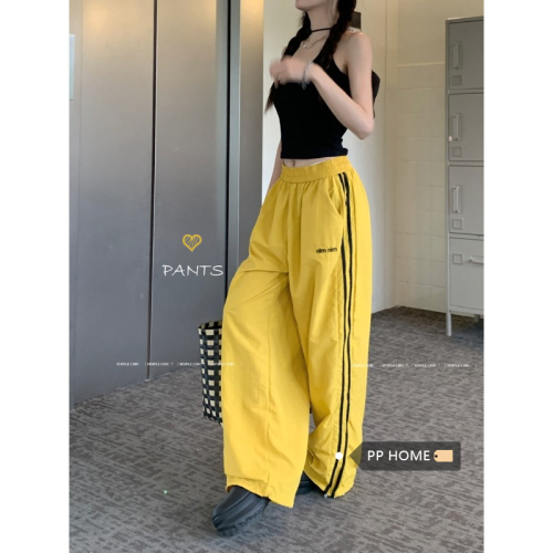 American retro striped casual pants for women, quick-drying breathable sports pants, wide-leg long pants, simple neutral high-waisted