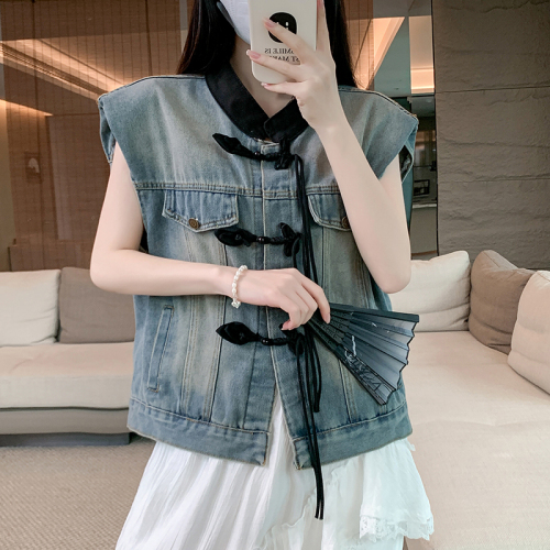 Actual shot ~ Korean style new Chinese style denim vest jacket for women autumn 2024 new style short top for small people