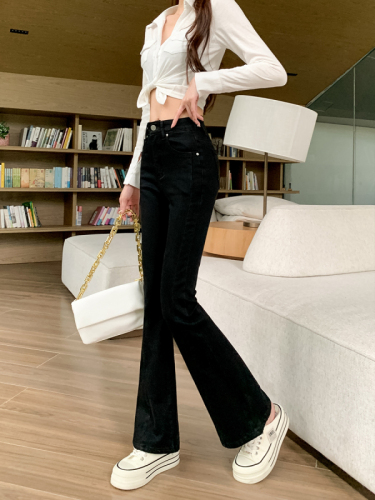 Actual shot of 2024 autumn new style spliced ​​high-waisted slim fit stretch micro-flare jeans for women floor-length trousers