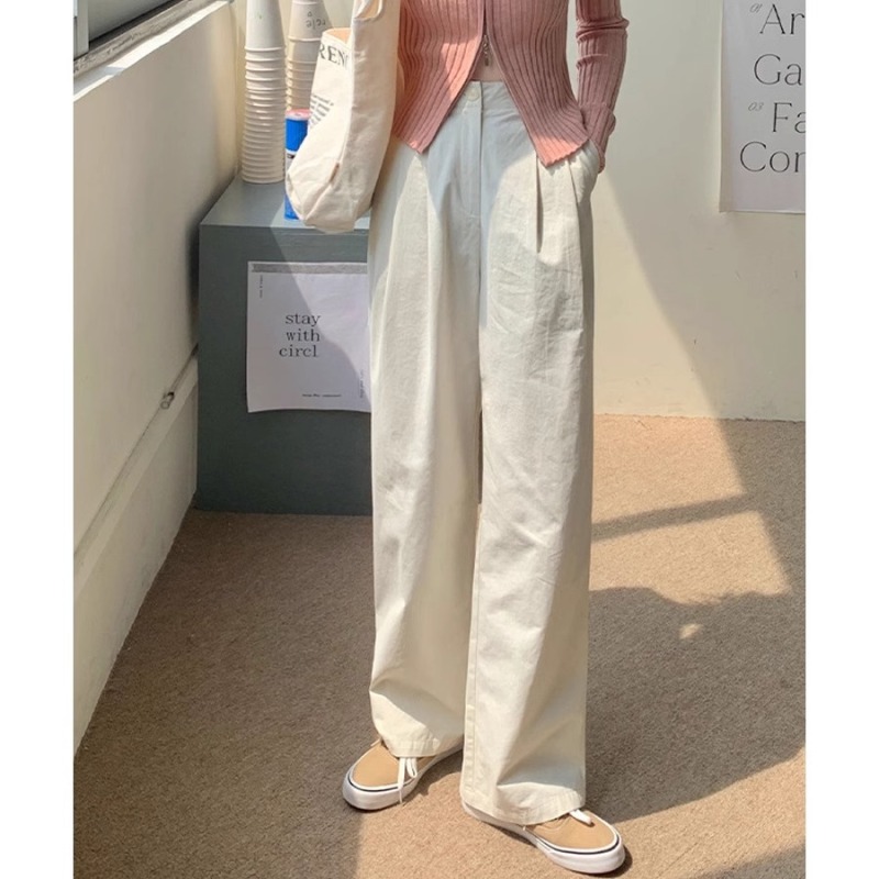 Korean style navy blue high waist straight casual pants for women 2024 new style small workwear wide leg pants floor mopping pants