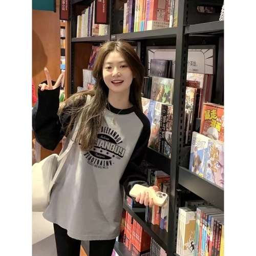 American retro cute printed long-sleeved T-shirt women's trendy loose unique fashion contrast raglan sleeve top