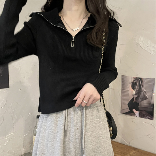 3 Long-sleeved polo shirt knitted cardigan for women spring and autumn  new style lapel short top