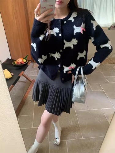 Korean style bow puppy three-dimensional jacquard round neck sweater for women spring single-breasted sweet sweater cardigan jacket