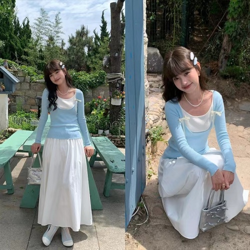 Korean style bow black fake two-piece long-sleeved T-shirt for women spring 2024 new design niche top