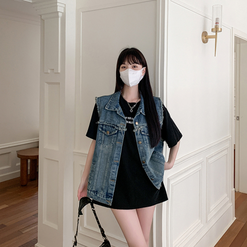 Actual shot ~ Korean style American retro denim vest jacket new style raw edge design niche loose sleeveless waistcoat