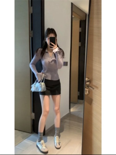 Actual shot ~ Women's thin white sweater 2024 autumn and winter slim fit POLO collar lapel bell sleeve top