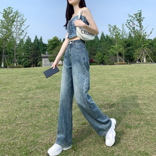 High-waisted straight-leg jeans for women's new style loose drapey wide-leg floor-length pants for small people