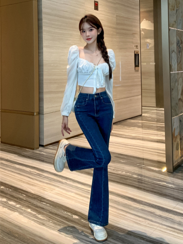 Actual shot of 2024 autumn new style spliced ​​high-waisted slim fit stretch micro-flare jeans for women floor-length trousers