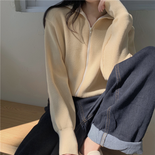 Real shot, real autumn and winter new turtleneck sweater, versatile loose zipper knitted cardigan jacket for women