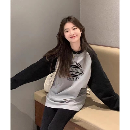 American retro cute printed long-sleeved T-shirt women's trendy loose unique fashion contrast raglan sleeve top