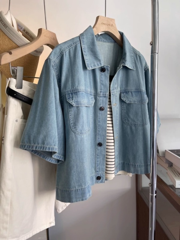 Short-sleeved denim jacket for women summer new design niche retro short shirt petite top