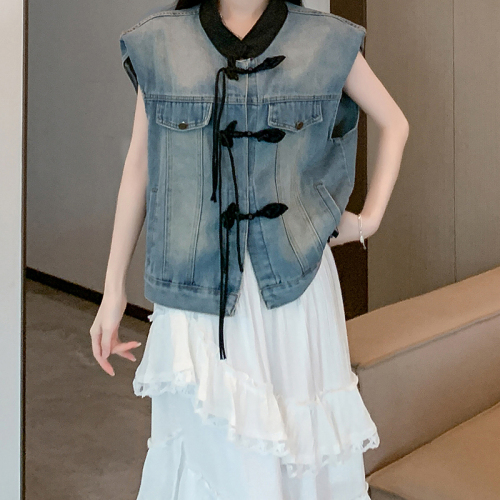 Actual shot ~ Korean style new Chinese style denim vest jacket for women autumn 2024 new style short top for small people