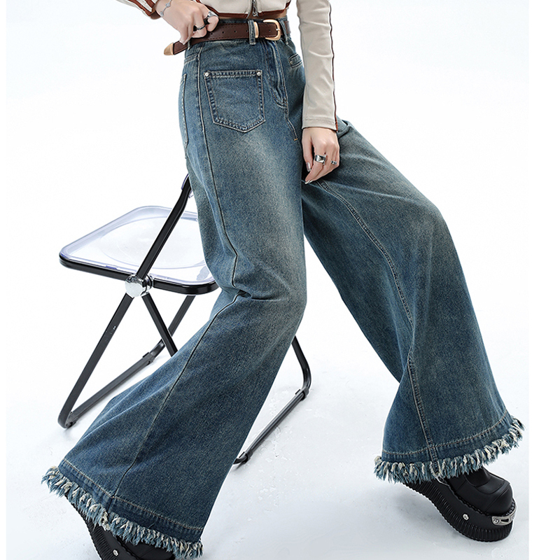 Fashionable new design nostalgic blue thin wide-leg jeans high-waisted loose drape retro floor-length culottes