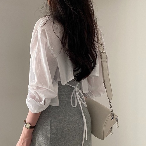 High-quality version of high-end design strappy shirt for women, thin long-sleeved shirt, OL style commuting, versatile, slimming and pure desire