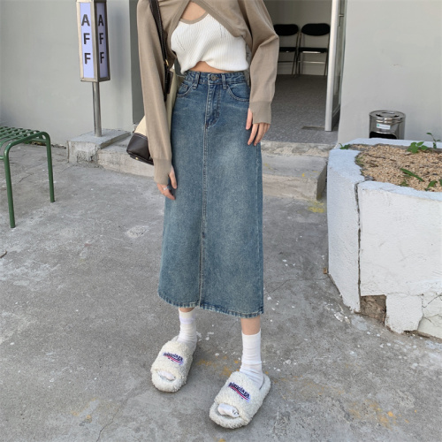 Denim Skirt Women's Mid-Length Skirt New Spring and Autumn Korean Style Retro High Waist A-Line Skirt