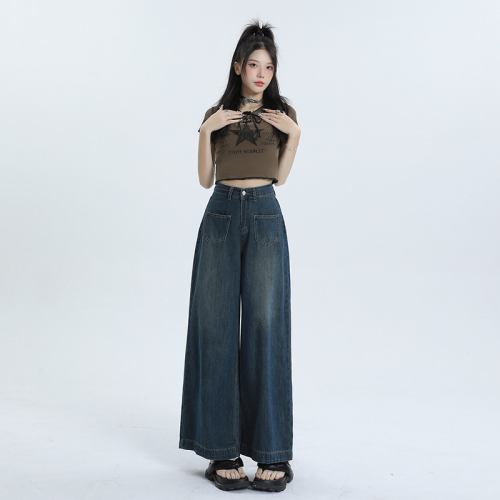 Wide-leg jeans for women, high waist, new style, American high street retro design, loose straight fit for small people