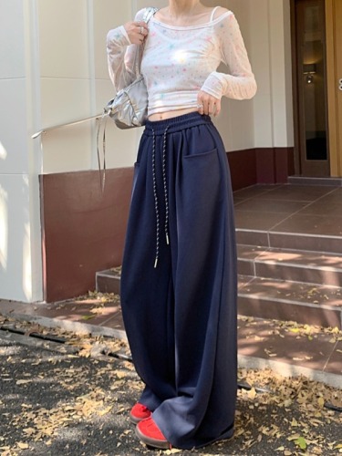 Lazy gray casual pants, autumn sweatpants, women's high-waisted straight pants, wide-leg pants, long trousers, drapey floor-length pants