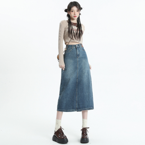 Slit denim skirt for women spring and summer new high-waist slim versatile mid-length skirt