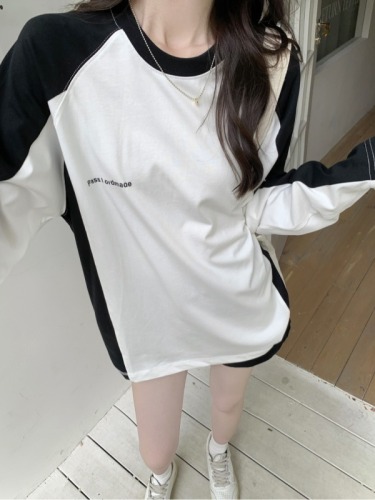 Actual shot of 26-count pure cotton 100% cotton 2024 autumn long-sleeved T-shirt women's loose contrasting color