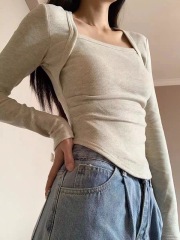 Fake two-piece square collar inner bottoming shirt for women in autumn and winter plus velvet to keep warm, right shoulder long-sleeved T-shirt, sweet and spicy slim short top