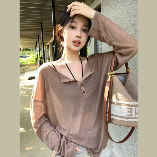 Lazy pure lust style long-sleeved t-shirt for women spring and autumn thin casual sun protection blouse loose slimming mid-length v-neck top