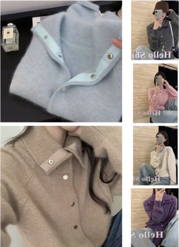 Soft blue lapel sweater jacket for women in autumn and winter thickened lazy soft waxy high collar hidden button cardigan sweater top