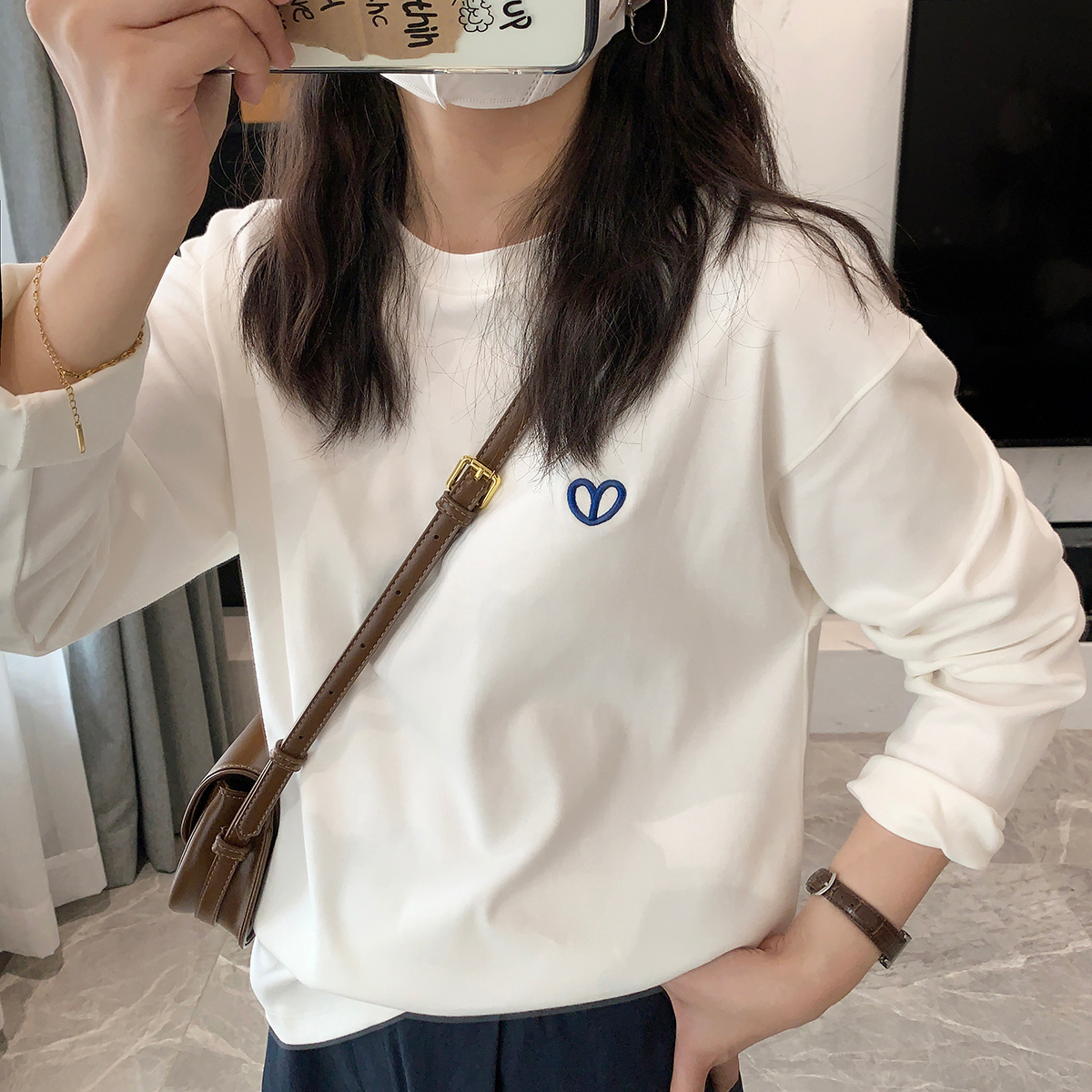 白色打底衫女春秋小個子內搭長袖上衣2024新款純棉刺繡t恤潮