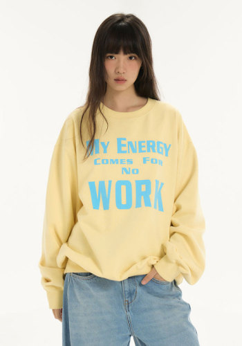 Yellow pullover hoodless round neck sweatshirt for women spring and early autumn thin section women's small fashion brand loose long-sleeved top