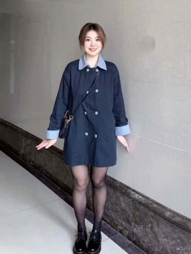 Autumn Hepburn style navy blue casual loose windbreaker jacket 2024 new style women's mid-length style high-end sense for small people