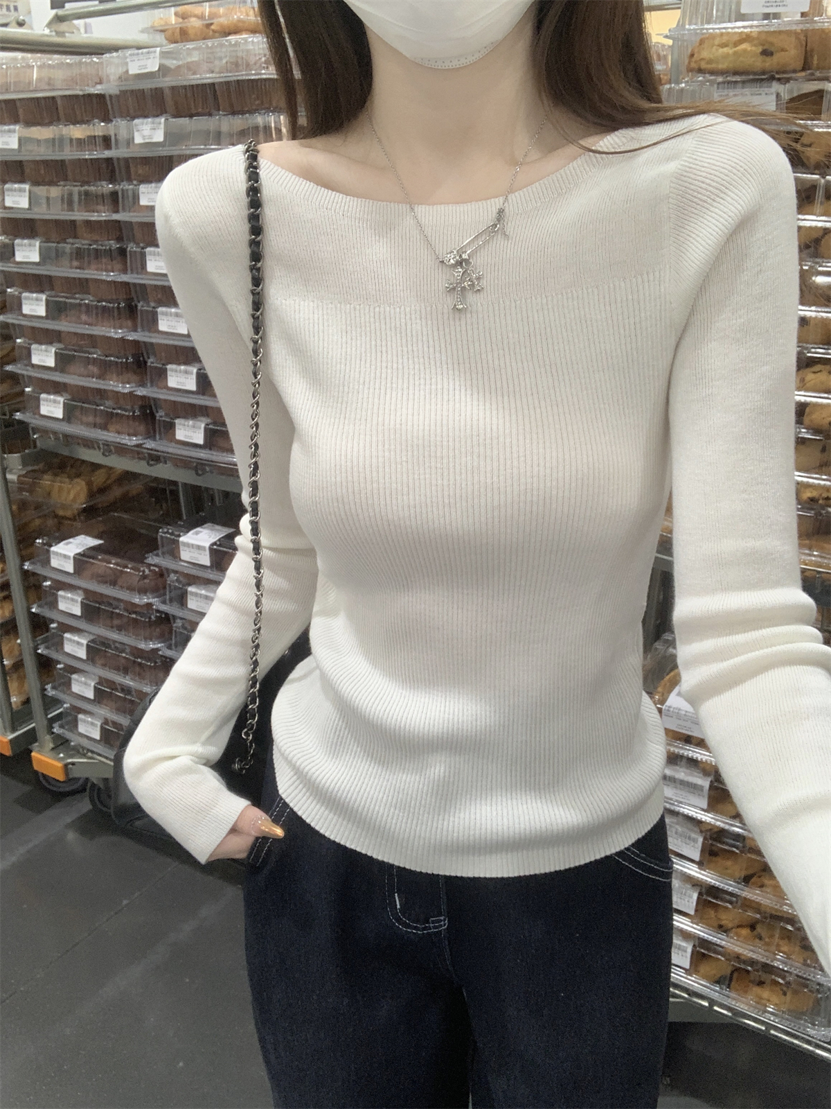 Real shot of autumn Korean style round neck splicing pure desire slimming versatile 6 wool sweater long-sleeved inner top