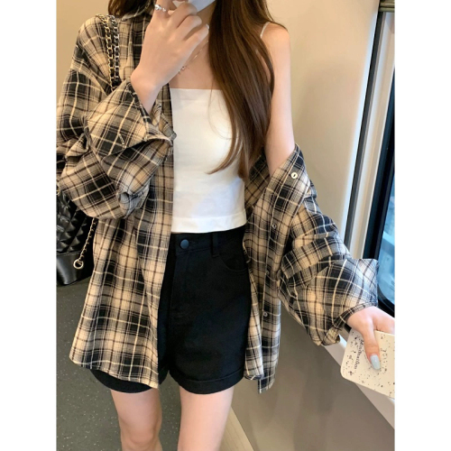 Early autumn retro plaid shirt women's summer thin design top loose lazy style sun protection shirt jacket