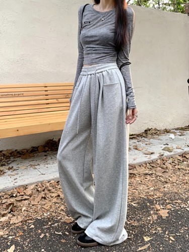 Lazy gray casual pants, autumn sweatpants, women's high-waisted straight pants, wide-leg pants, long trousers, drapey floor-length pants