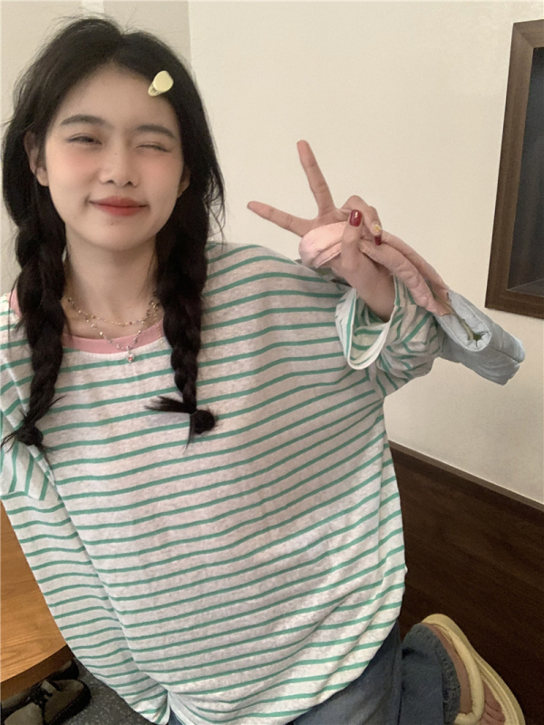 Travel thin long-sleeved air-conditioning shirt sun protection shirt striped loose lazy style top