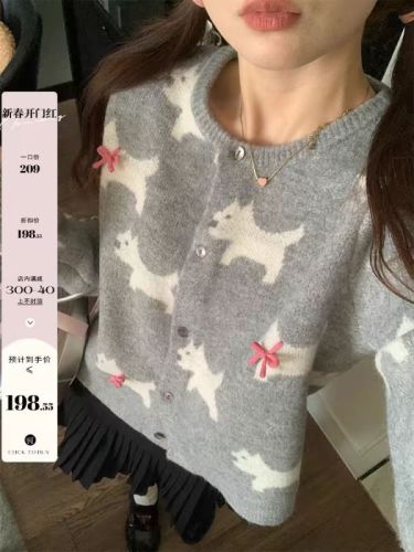 Korean style bow puppy three-dimensional jacquard round neck sweater for women spring single-breasted sweet sweater cardigan jacket