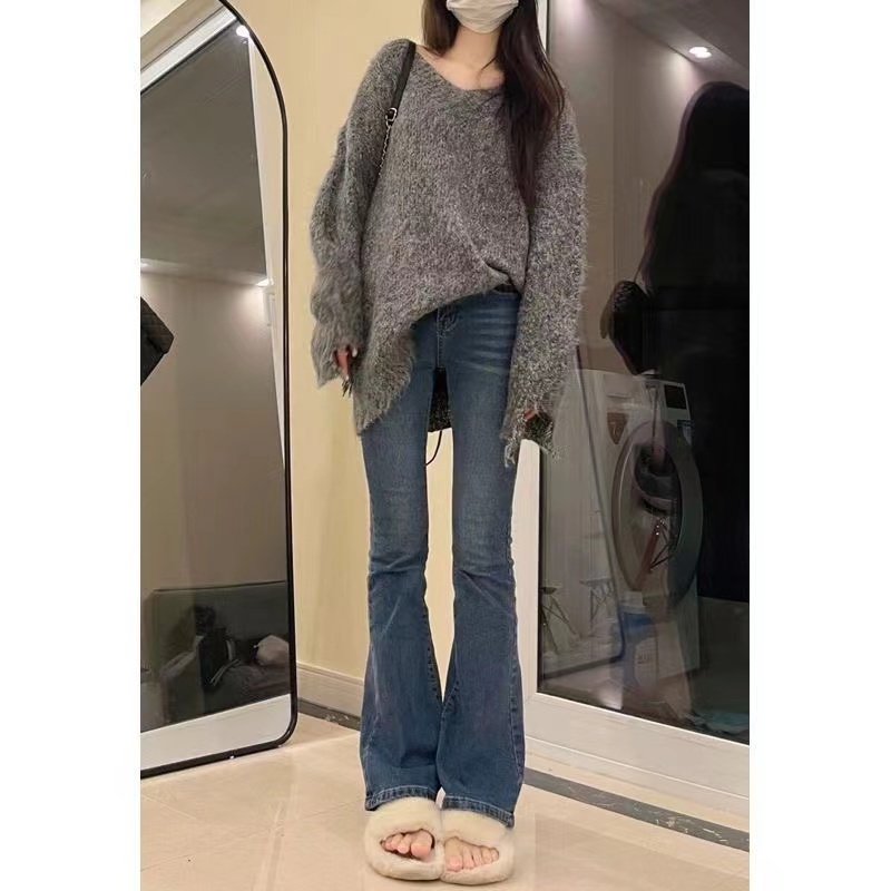 Retro blue micro-flare jeans for women spring new high-waisted slim fit floor-length horseshoe pants