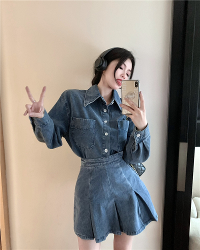 Real shot!  Retro Fashion Pointed Collar Versatile Long Sleeve Denim Shirt High Waist Pleated Skirt Suit