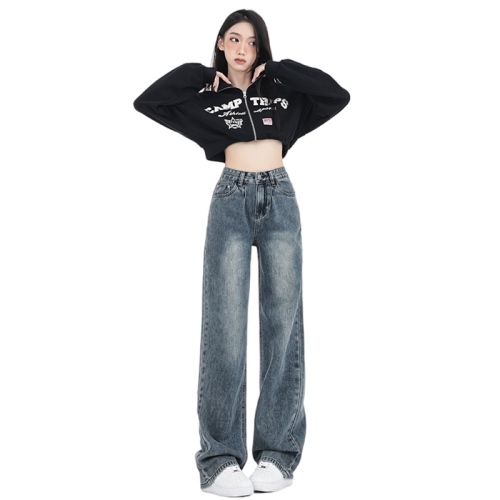 Retro extended wide-leg jeans for women new high-waisted loose slimming straight-leg drape floor-length pants