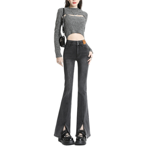 Slit high-waist double-button design slim denim bell-bottom pants gray & retro blue and black