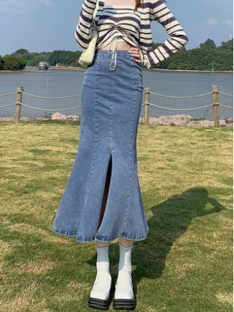 Black high-waisted denim fishtail skirt skirt for women spring and autumn a-line skirt lotus leaf mid-length hot girl hip skirt