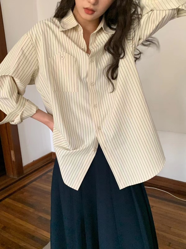 Hello Canon Simple Casual Striped Shirt Women's Spring New Design Niche Loose Top