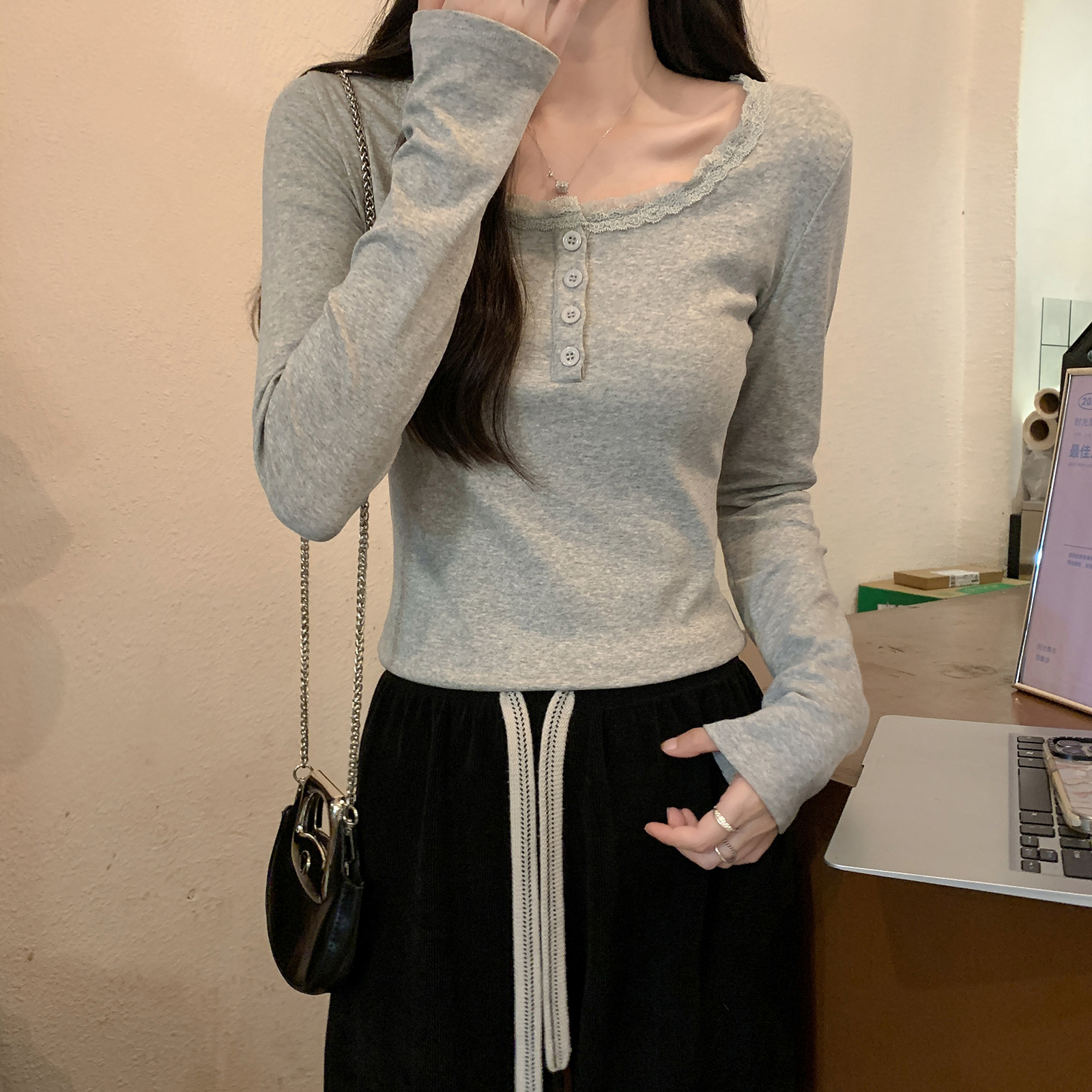 Real shot 1*1 thread 210 grams long-sleeved t-shirt women's spring and autumn thin style trendy lace slimming undershirt round neck top 