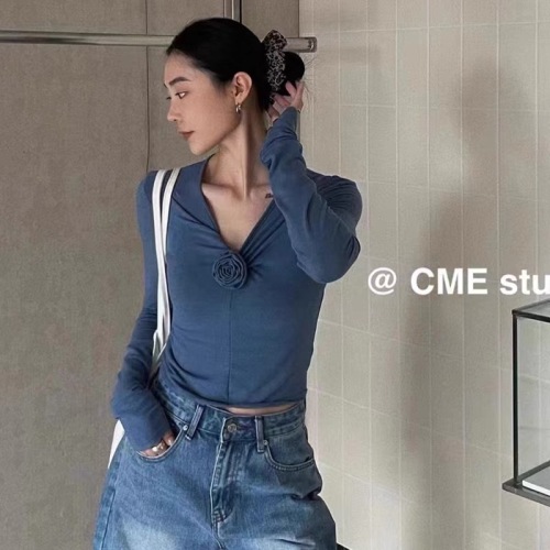 CME autumn 2024 new style chic three-dimensional flower long-sleeved shoulder T-shirt women's slim fit hot girl short top