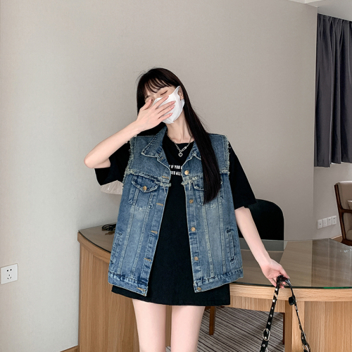 Actual shot ~ Korean style American retro denim vest jacket new style raw edge design niche loose sleeveless waistcoat