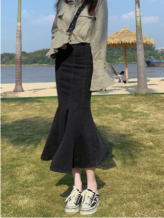 Black high-waisted denim fishtail skirt skirt for women spring and autumn a-line skirt lotus leaf mid-length hot girl hip skirt