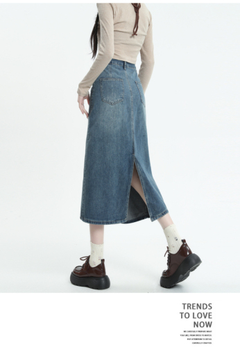 Slit denim skirt for women spring and summer new high-waist slim versatile mid-length skirt